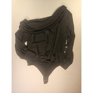 Express Women's Black One Shoulder Long Sleeve Bodysuit Button Accent Size M